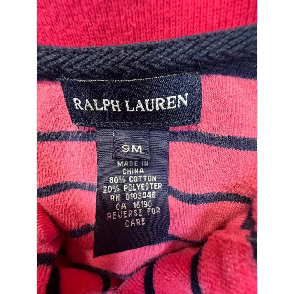 Ralph Lauren Polo Dress Baby Girls 9M Pink Navy Blue Striped Velour Short Sleeve